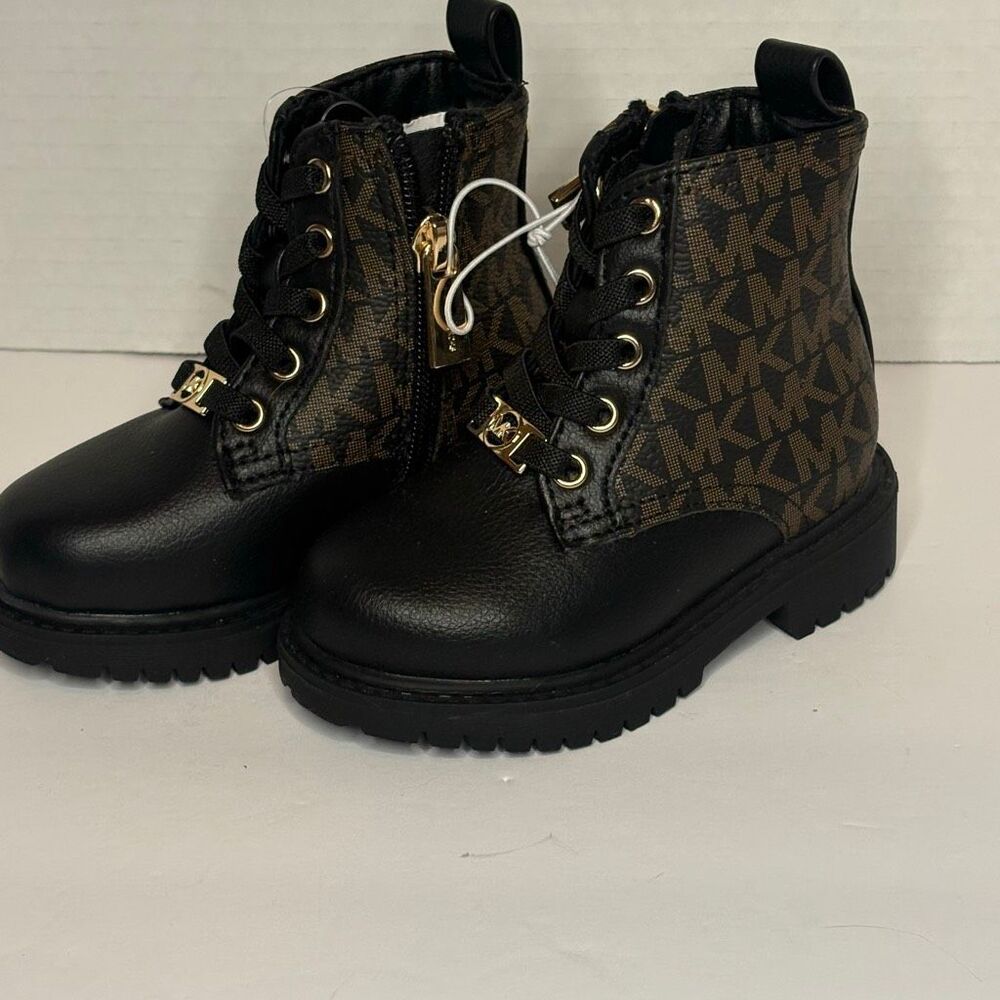 Michael Kors Toddler Girls Brown Black Lace up Combat Boots Side Zip NWOT Size 5